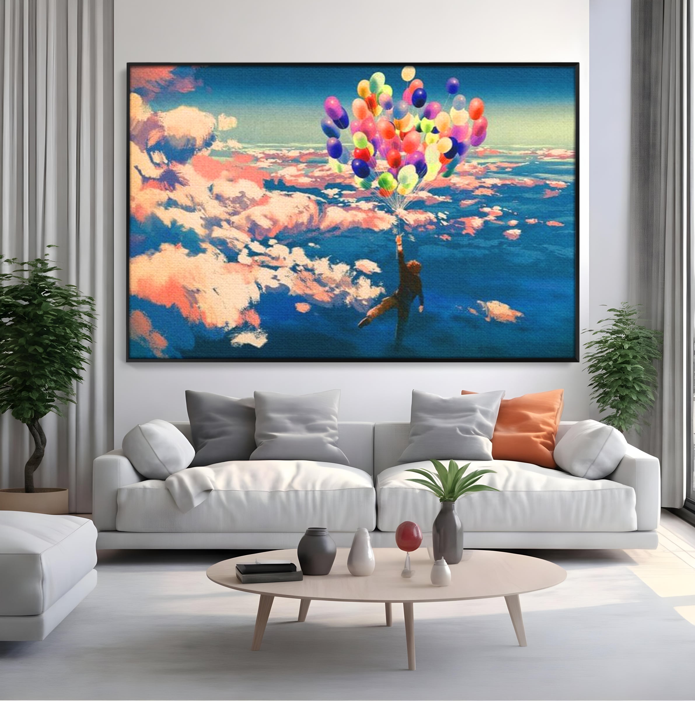 Tablou canvas cu tablou canvas cu om zburand cu baloane, in rama de aluminiu negru, pe perete intr-un living